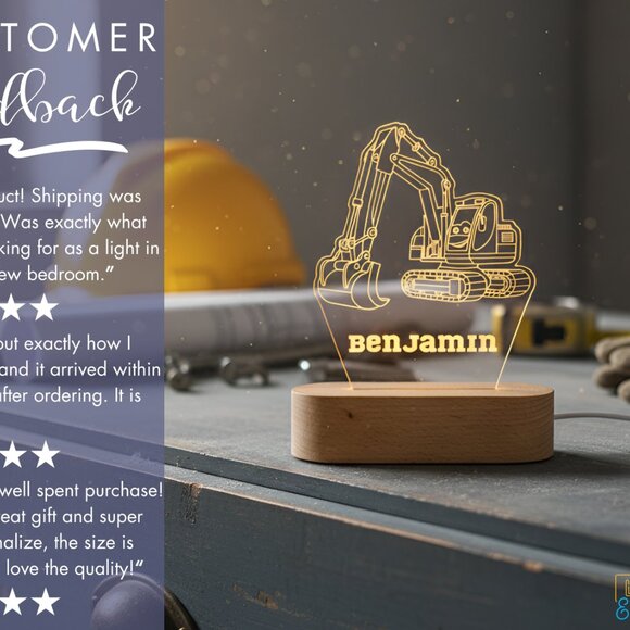 Personalized Excavator Night Light – Custom Toddler Room Lamp - Picture 7 of 8